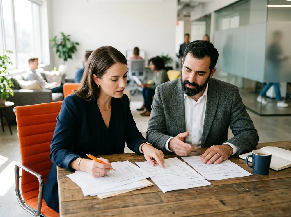 KORE1 recruiter and hiring manager comparing a shortlist of BI analyst candidates with printed scoring sheets