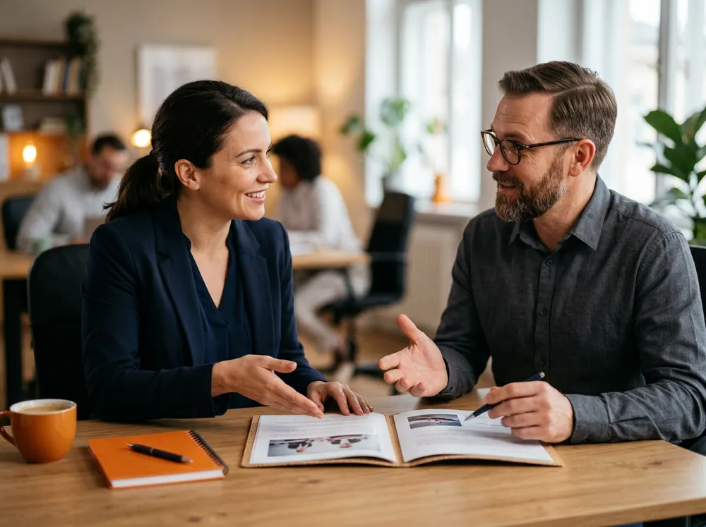 KORE1 recruiter and a senior BI analyst talking through a candidate's portfolio at a desk with printed notes
