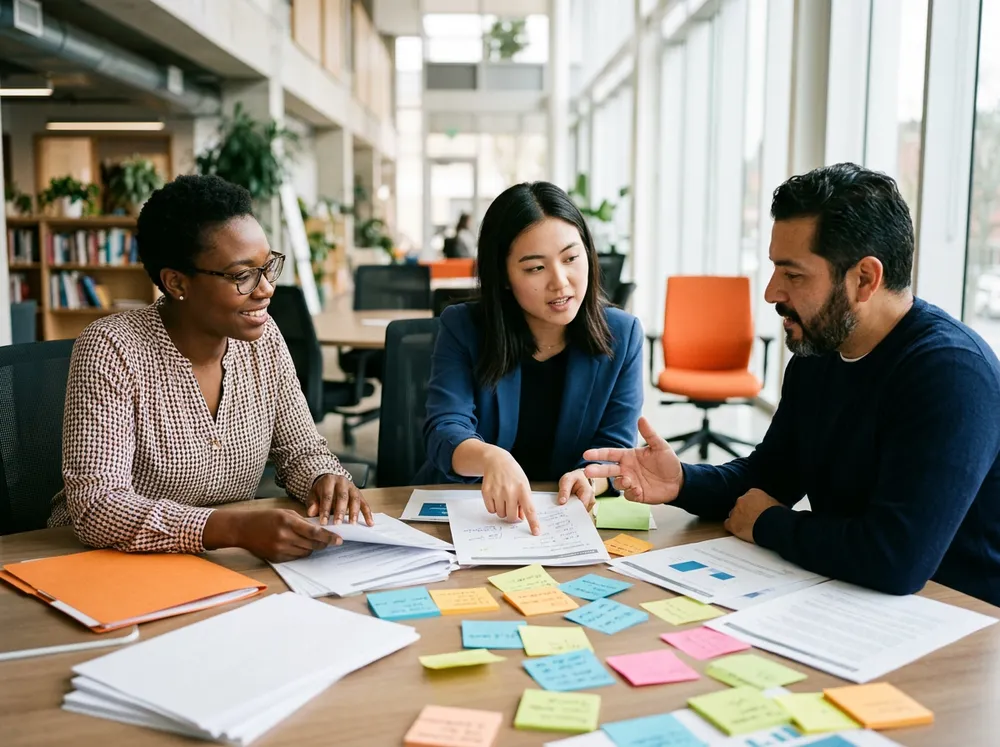 BI analyst and data team reviewing printed reporting outputs and notes spread across a conference table