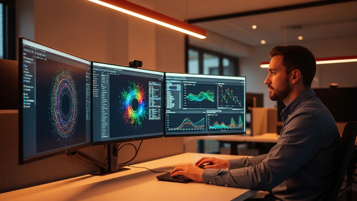 Big data engineer working at multiple monitors showing data dashboards in a modern office