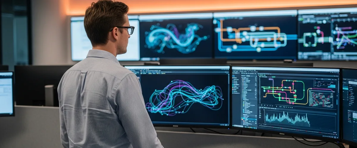 Big data engineer reviewing large-scale data pipeline dashboards on multiple monitors