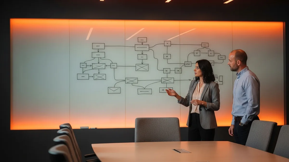 Two big data engineers mapping a streaming data pipeline architecture on a whiteboard