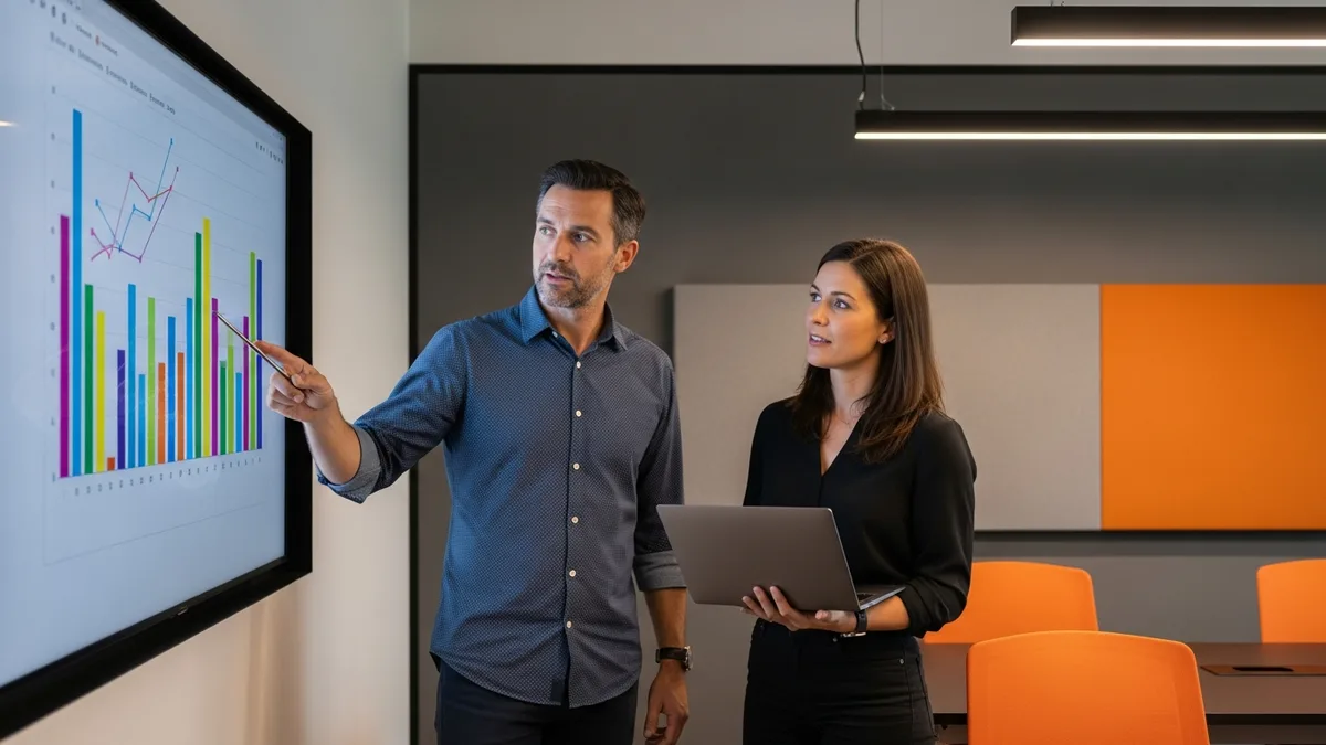 Engineering leader and colleague reviewing build vs buy cost data charts on a wall monitor