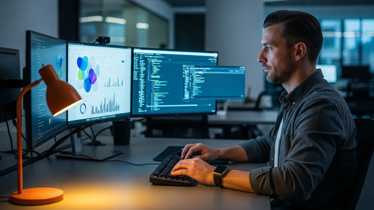 Senior software engineer maintaining a built production system at a multi-monitor workstation in the evening