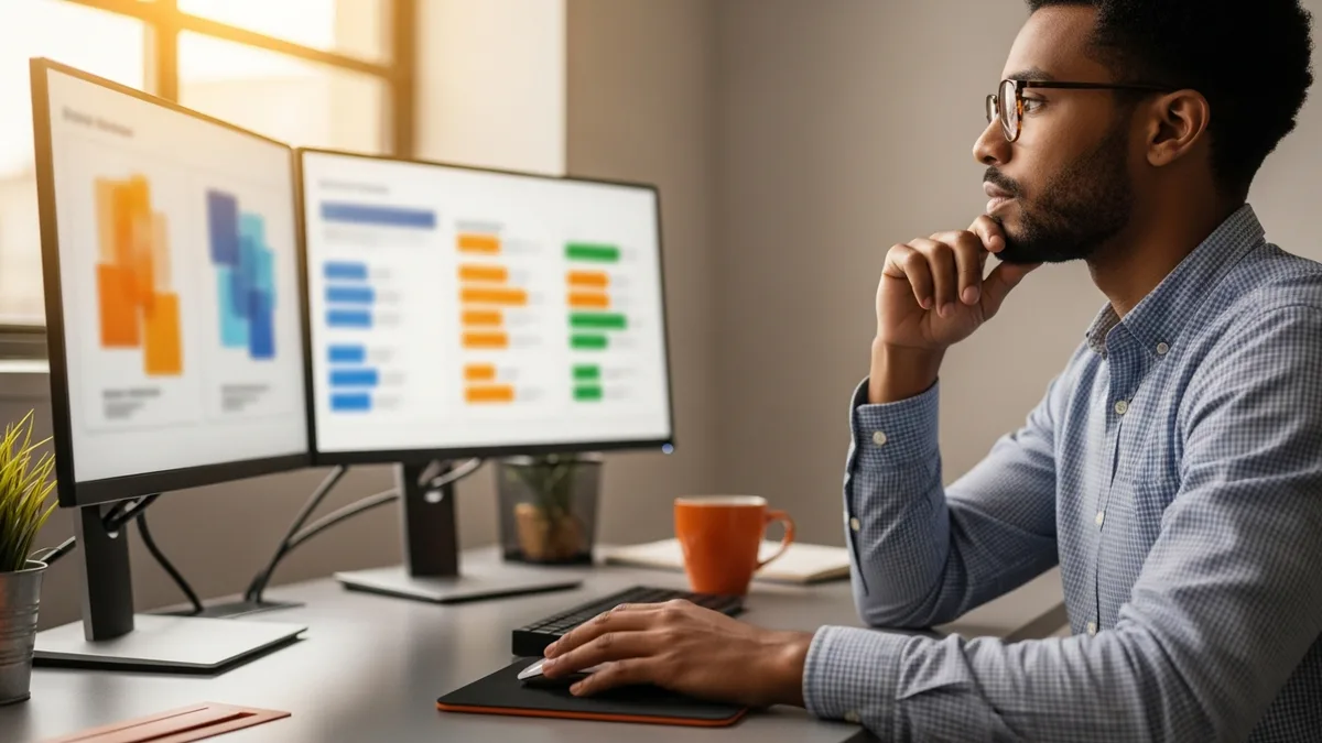 Business analyst reviewing dashboards and charts on dual monitors at a tidy desk