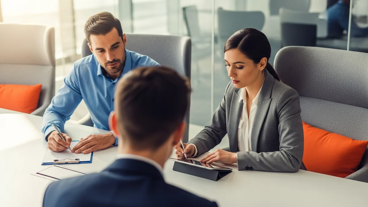 Two hiring managers scoring a business analyst candidate with independent scorecards in a modern conference room