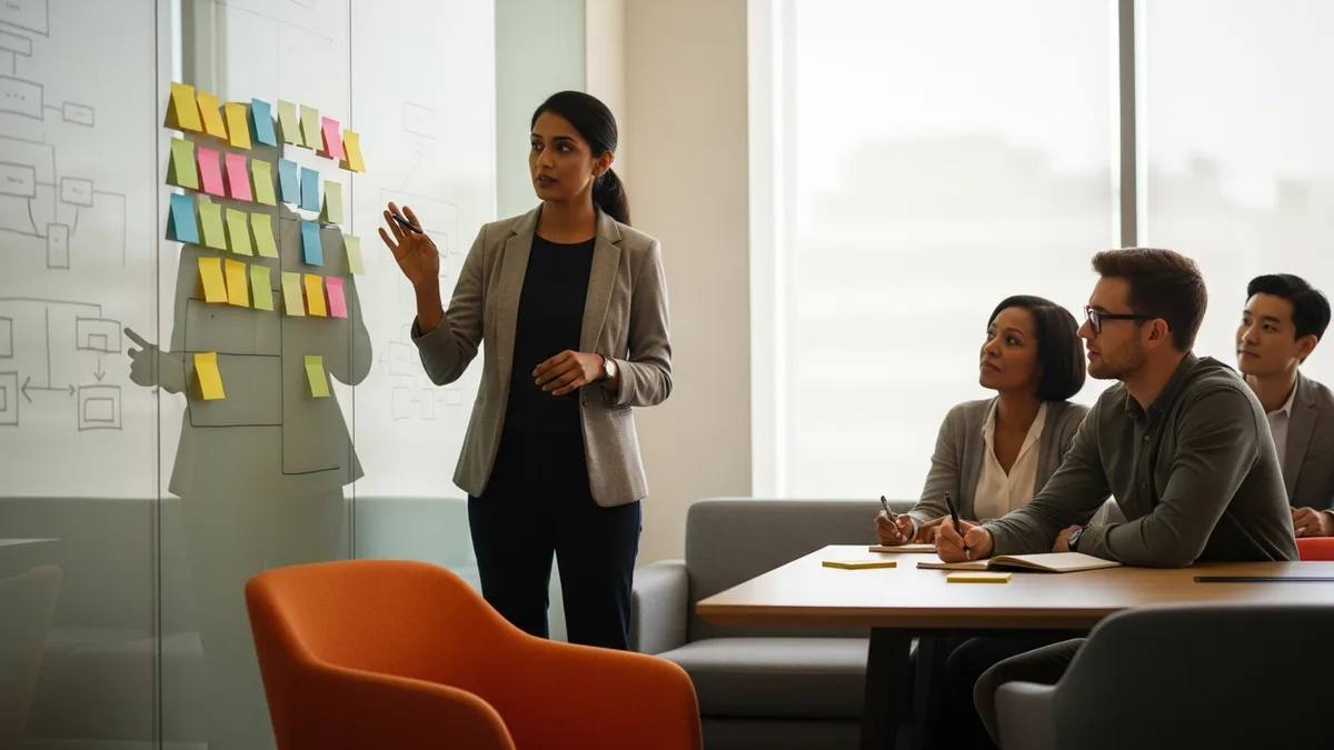 Business analyst leading a requirements elicitation workshop at a glass whiteboard while colleagues take notes