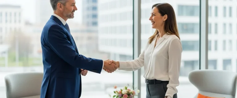 Hiring manager welcoming a senior cloud architect candidate to an interview in a modern bright office lobby
