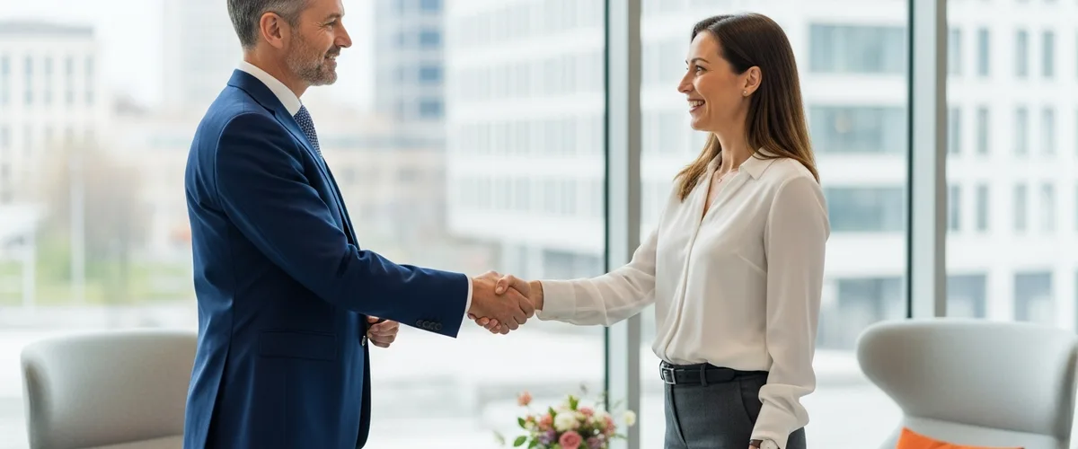 Hiring manager welcoming a senior cloud architect candidate to an interview in a modern bright office lobby