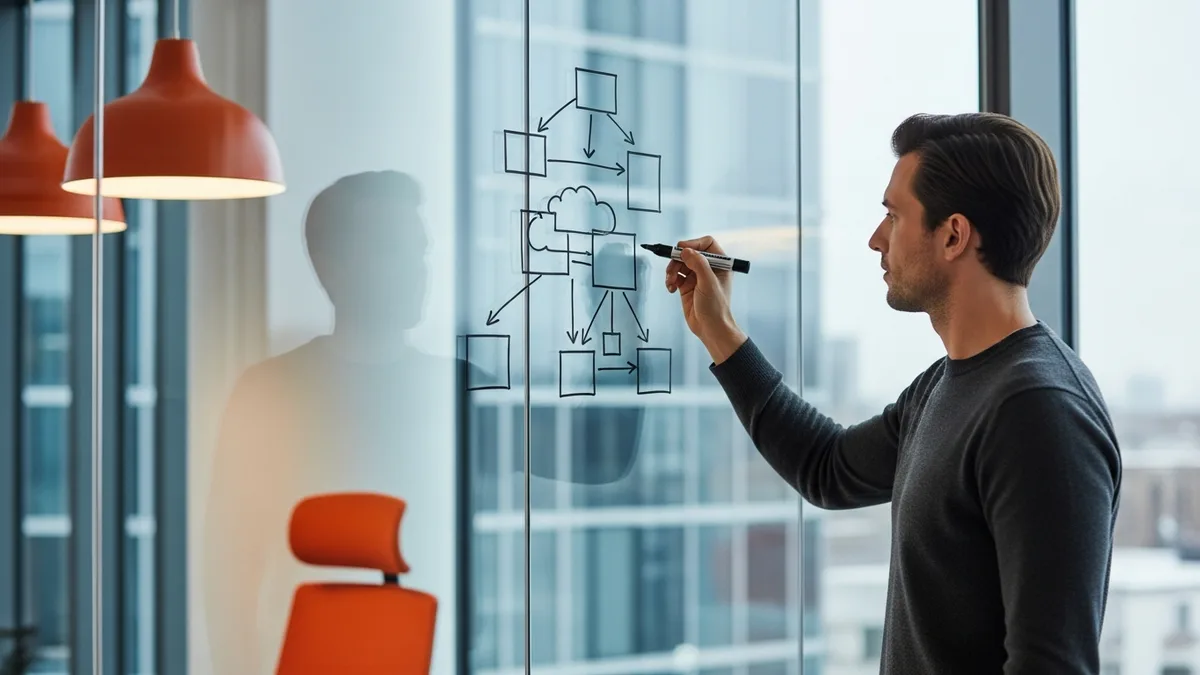 Cloud architect drawing a system design diagram on a floor to ceiling glass wall during a live whiteboard interview exercise