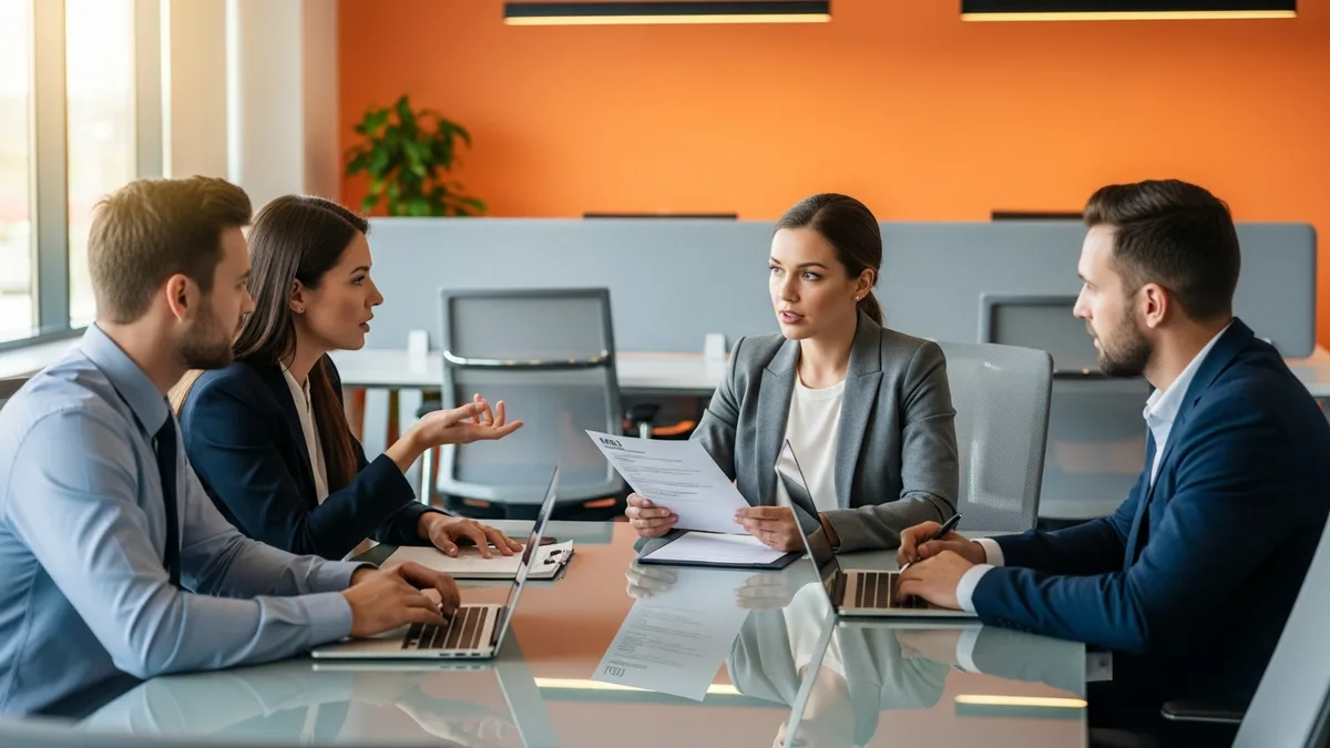 Four-person hiring panel reviewing a cloud architect candidate at a modern tech company glass conference table