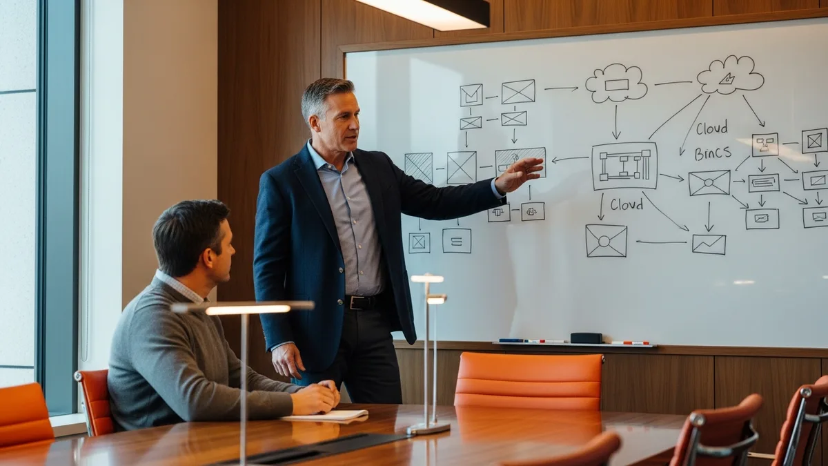 Senior cloud architect candidate explaining a cloud architecture diagram on a conference room whiteboard during a hiring interview