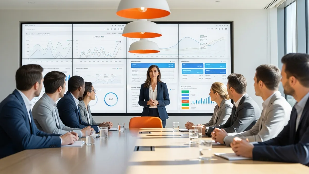 Chief AI officer presenting enterprise AI strategy and model performance dashboards to executive leadership in a modern boardroom