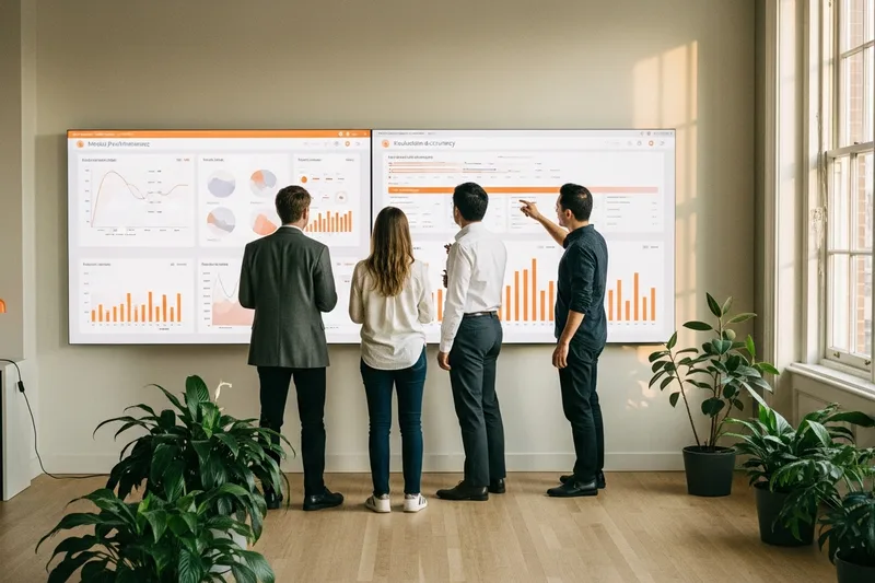 Chief AI officer and AI engineering team reviewing large language model performance metrics on office display screens