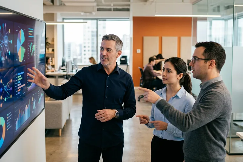 Chief data officer and data team reviewing data governance and data quality dashboards on large office screens