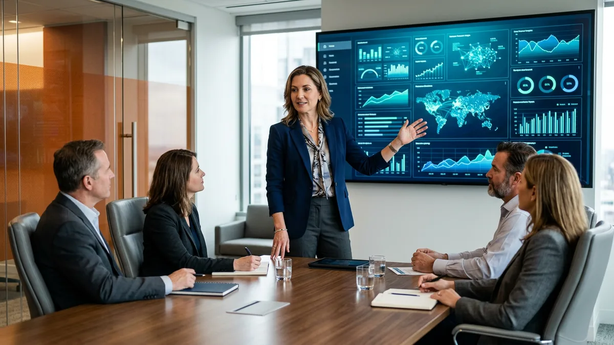 Chief data officer presenting enterprise data strategy and analytics dashboards to executive leadership in a modern boardroom