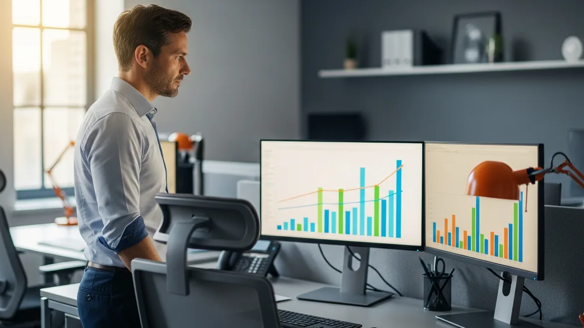 Finance leader reviewing financial planning and analysis dashboards on dual monitors