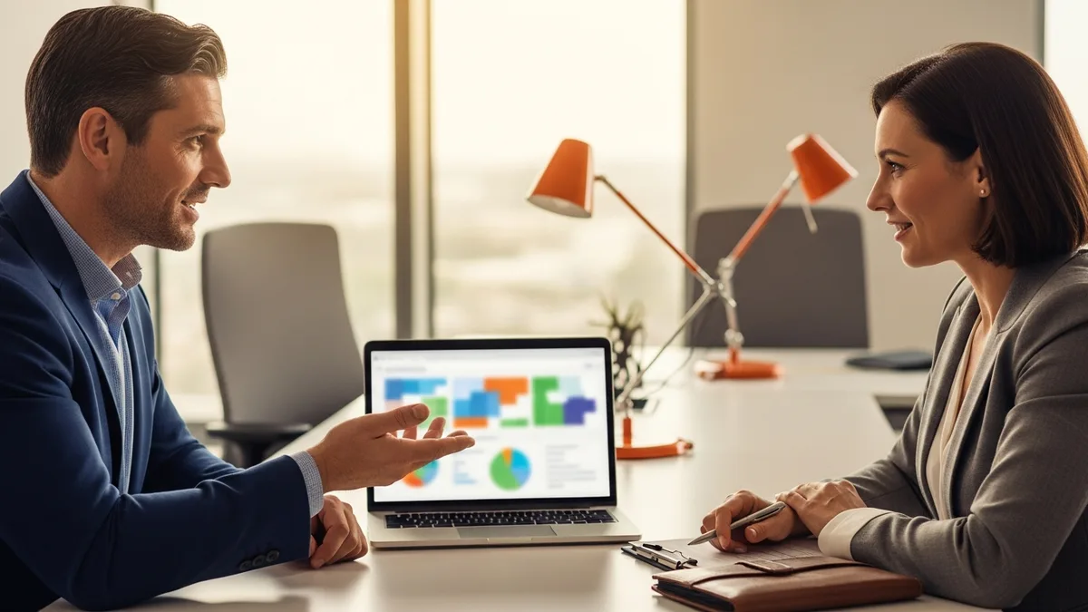 CFO and an HR partner discussing compensation at a desk with a laptop dashboard