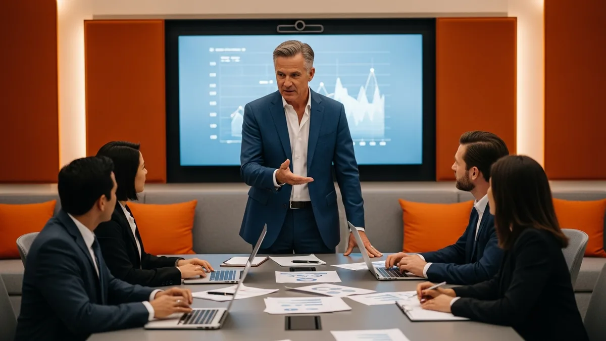 CFO leading a finance leadership meeting with colleagues around a conference table