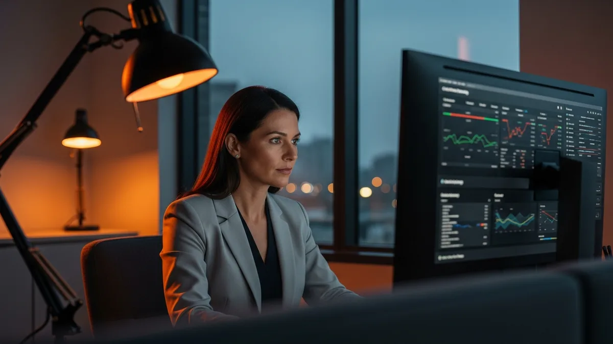 CFO reviewing financial dashboards and capital planning models on a monitor at dusk