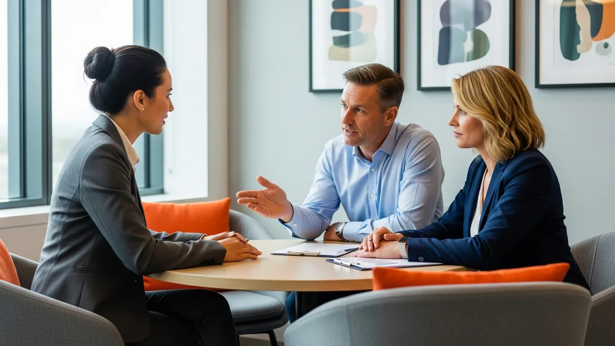 Corporate recruiter discussing a CFO search with two company founders around a table