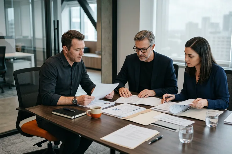 Two KORE1 recruiters meeting confidentially with a client over printed candidate dossiers