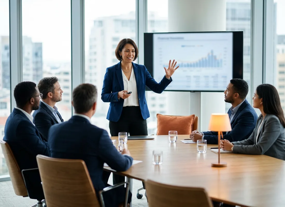 CFO presenting financial strategy to a board of directors around a boardroom table