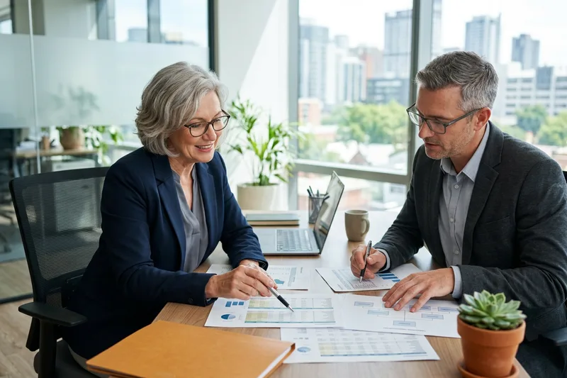 Senior finance executive reviewing forecasts and a leadership org chart with a colleague