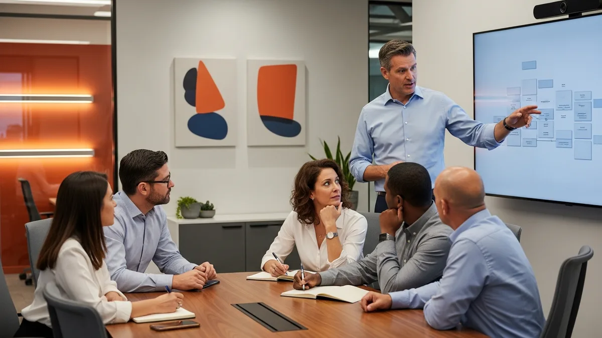 Product executive presenting product strategy to the leadership team around a conference table