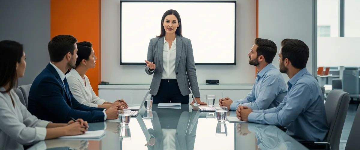 Chief product officer leading a product strategy discussion with executives in a modern office