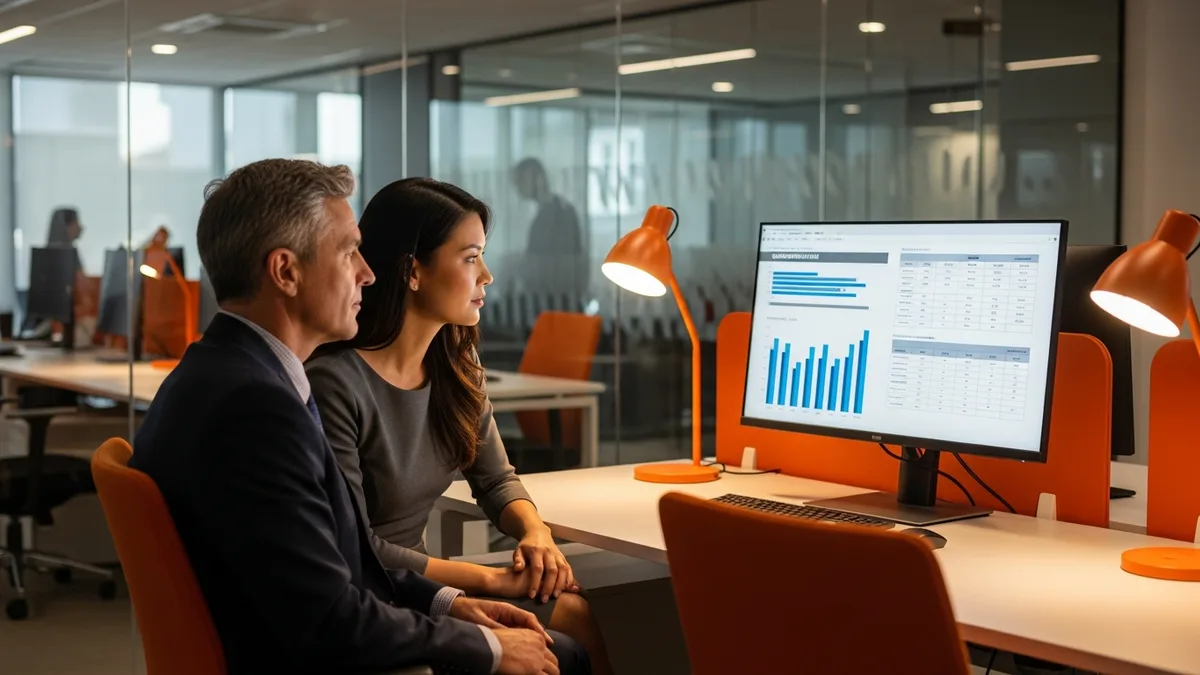 Two technology executives reviewing CISO compensation benchmarks on a monitor in a modern office
