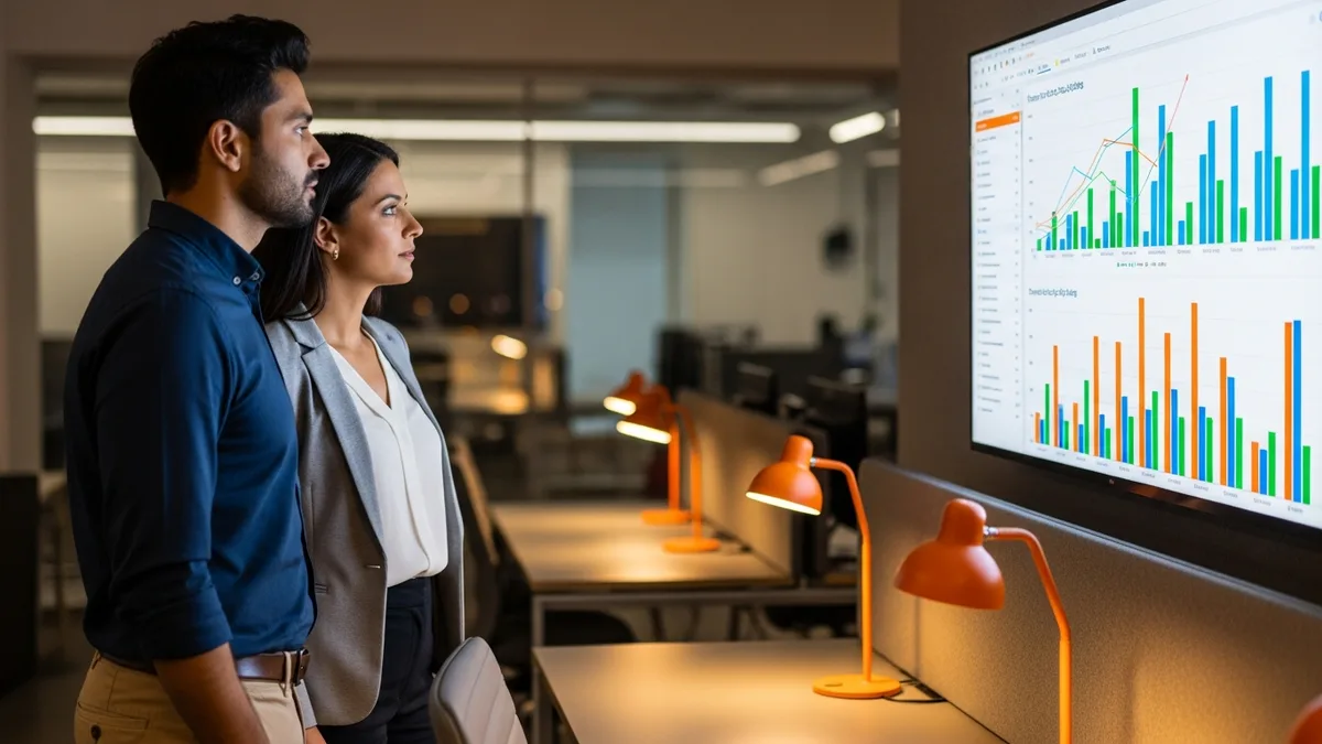 Two IT professionals reviewing a cloud cost and usage dashboard on a wall monitor in a modern workspace