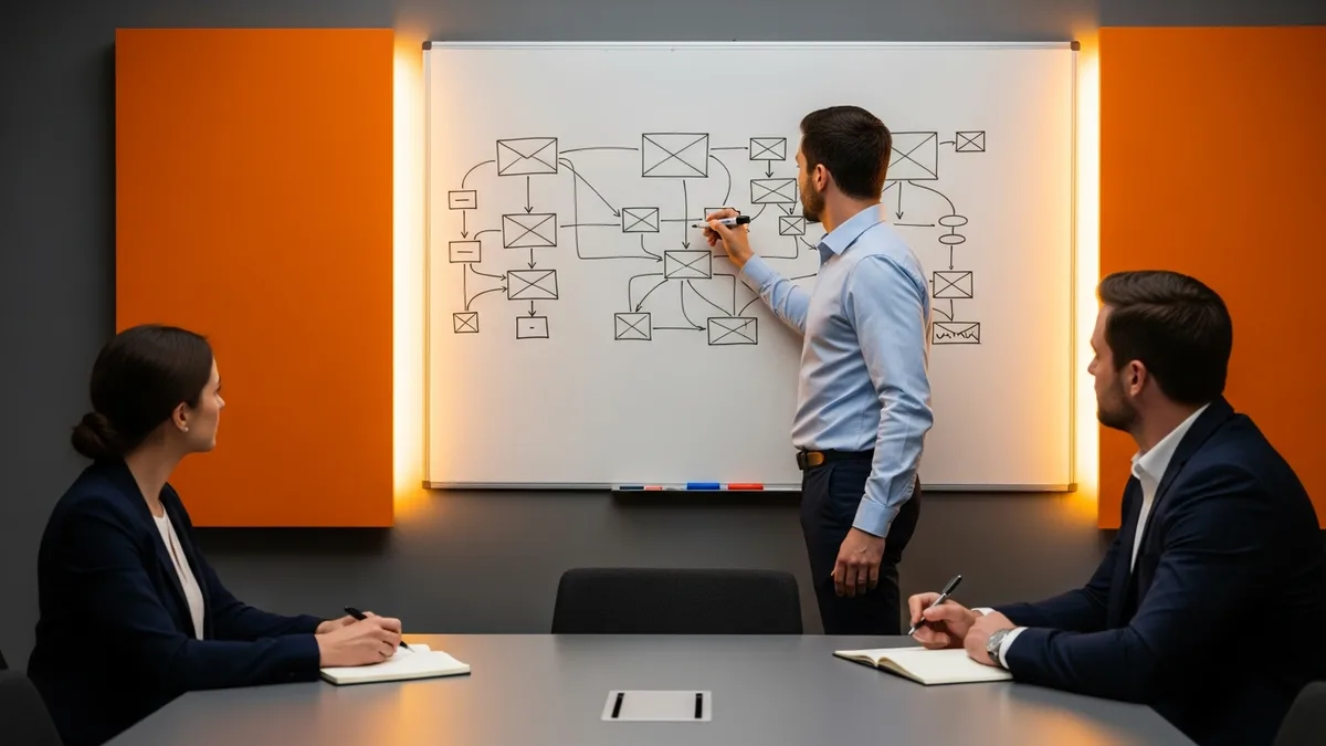 Cloud architect candidate sketching a system design diagram on a whiteboard during a technical interview