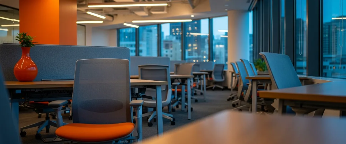 Empty modern fintech open-plan office at blue hour after the Coinbase 2026 layoffs restructuring, symbolizing the senior crypto engineering talent transition