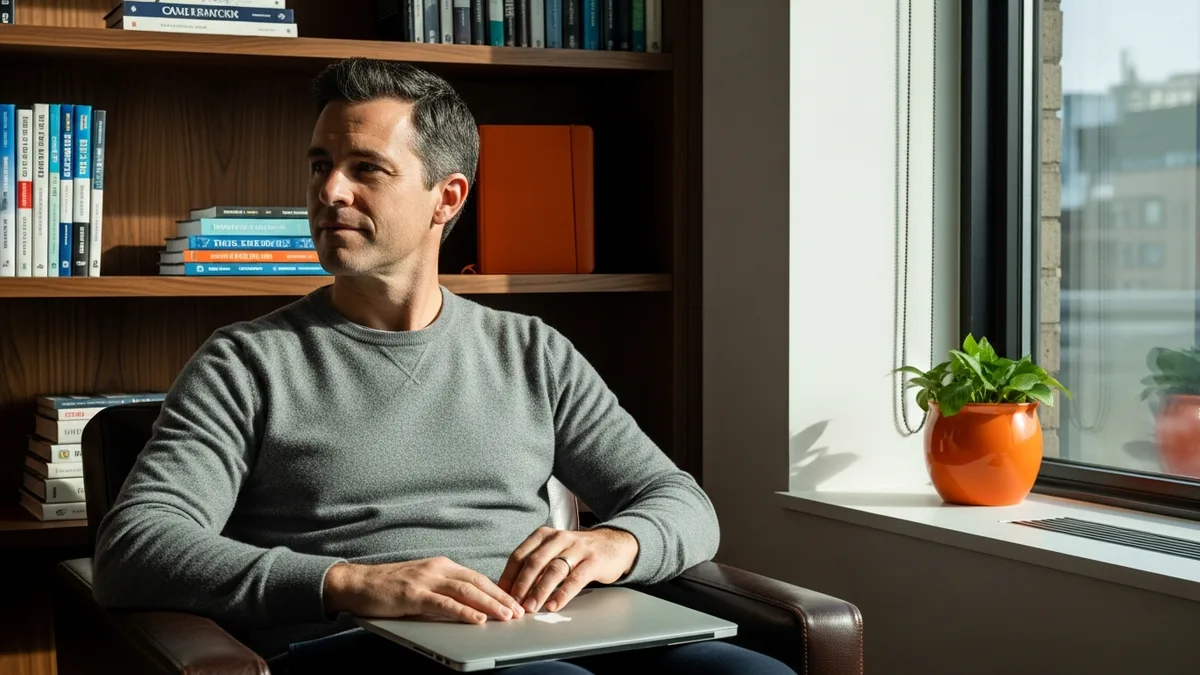 Software engineer in a modern home office holding a closed laptop and contemplating the next role after the Coinbase 2026 layoff announcement