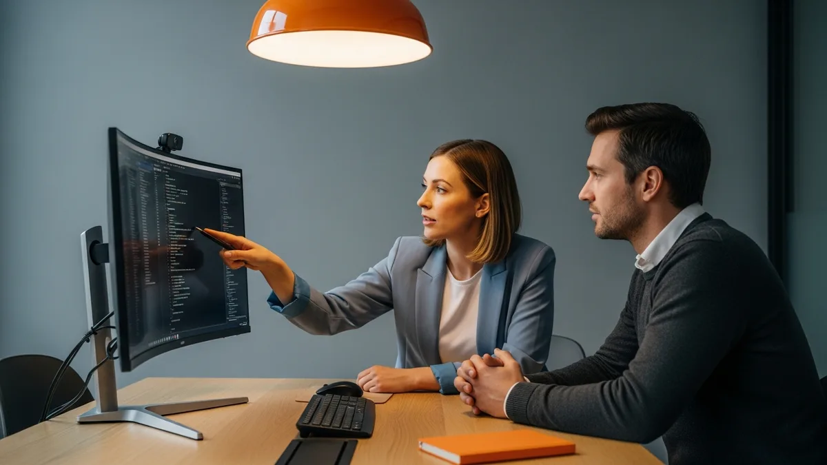 Two software engineers in a pair-programming code review inside a modern fintech conference room evaluating an ex-Coinbase candidates technical work