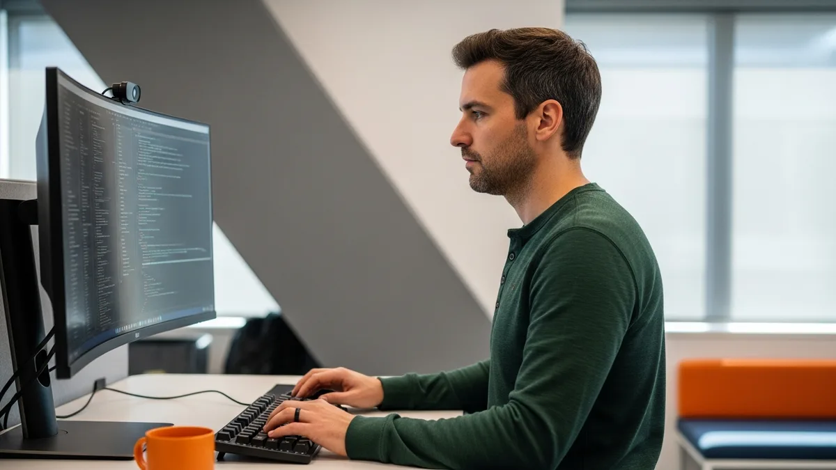 Senior crypto-native software engineer at a Bay Area fintech workstation reviewing backend code during the 2026 Coinbase layoffs hiring window