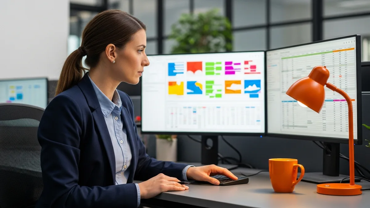 Compensation analyst reviewing salary benchmarking dashboards on dual monitors in a modern office