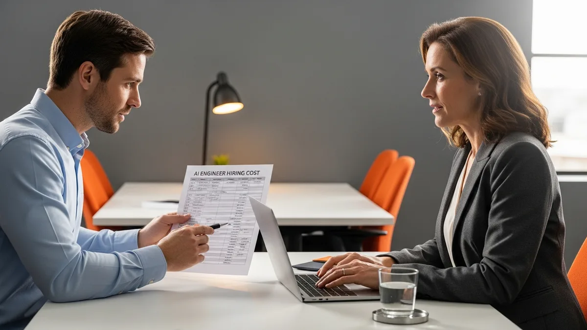 Hiring manager and finance leader reviewing the full first-year cost stack for an AI engineer hire at a modern office desk