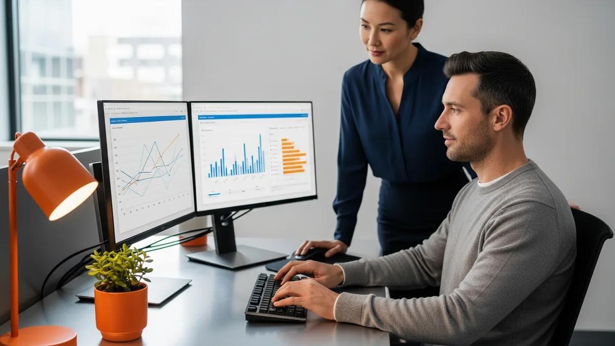 Senior AI engineer reviewing model evaluation metrics on a dashboard with a hiring manager at a modern AI engineering workstation