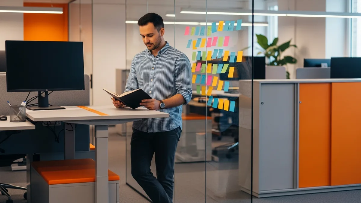 Mobile app developer planning a project sprint with sticky notes in a modern office