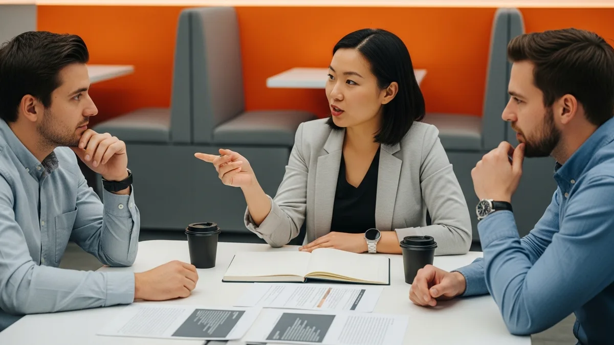 Hiring team discussing the cost to hire an app developer around an office table