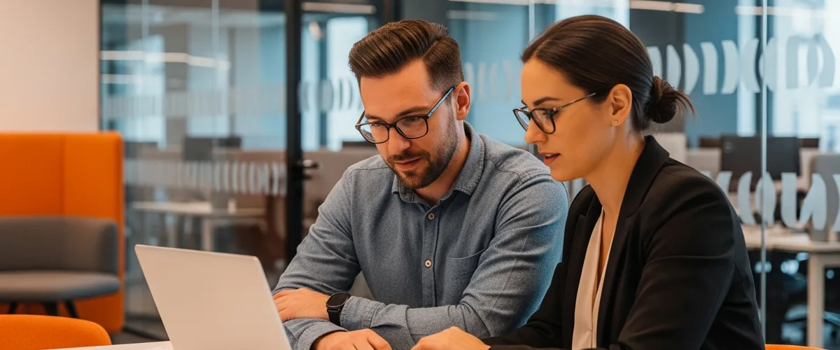 Hiring manager and cybersecurity team lead reviewing the cost to hire a cybersecurity engineer in a modern office