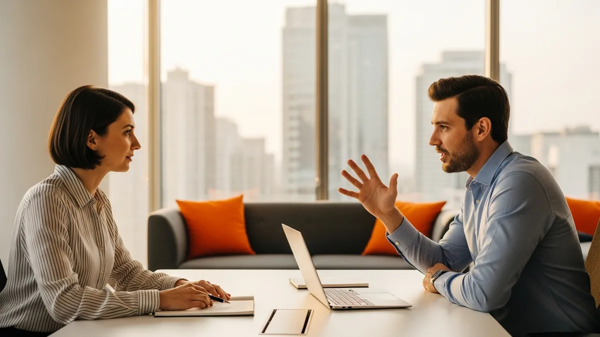 Technical recruiter and hiring manager discussing the cost of a cybersecurity engineer search across a meeting table