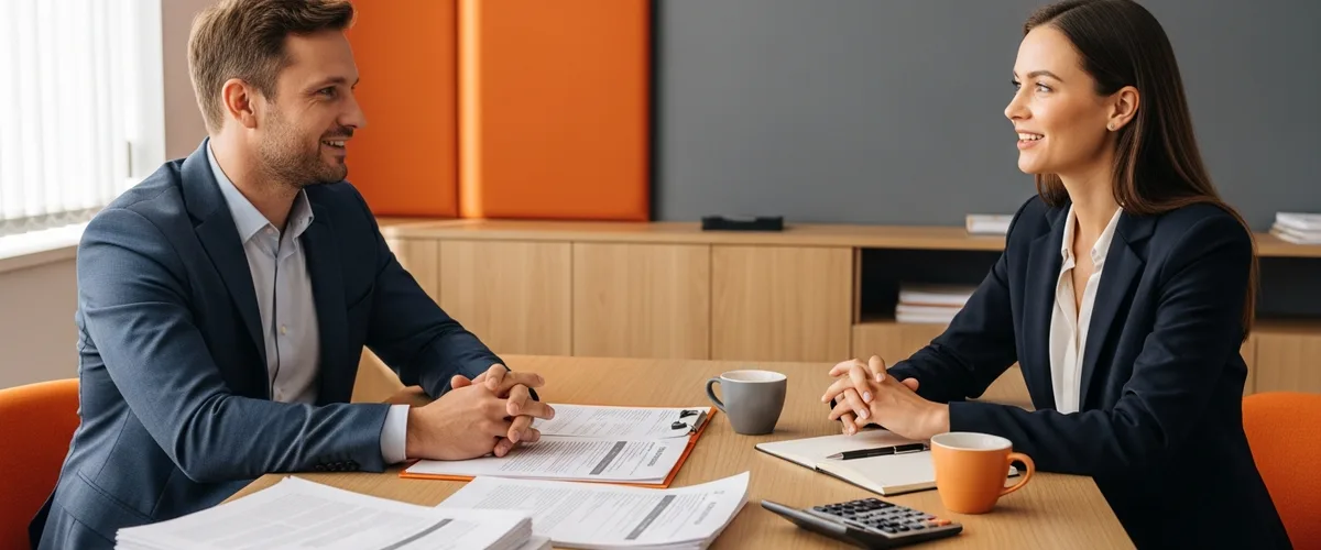 Hiring manager and staffing recruiter reviewing the loaded first-year cost of a data engineer hire with printed budget documents and a calculator