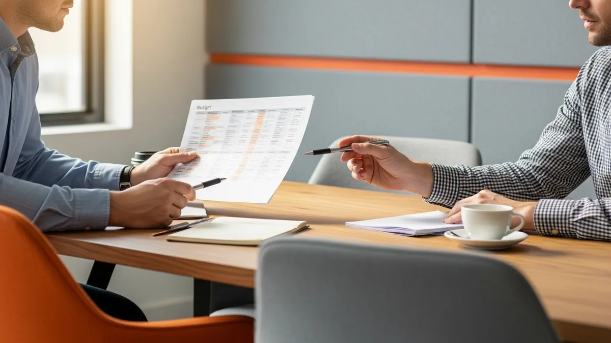 Two colleagues reviewing a printed cost breakdown for a data engineer hire at a modern conference table