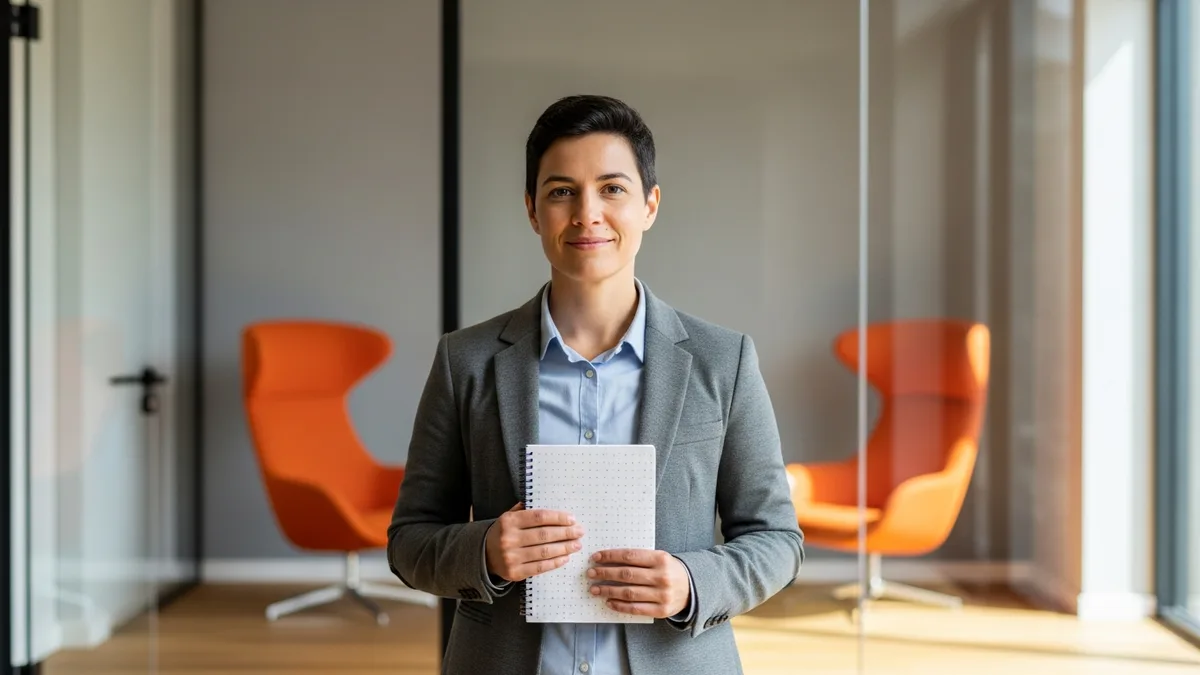 Confident data engineer candidate holding a notebook in a modern office, representing the different data roles a hiring manager must choose between