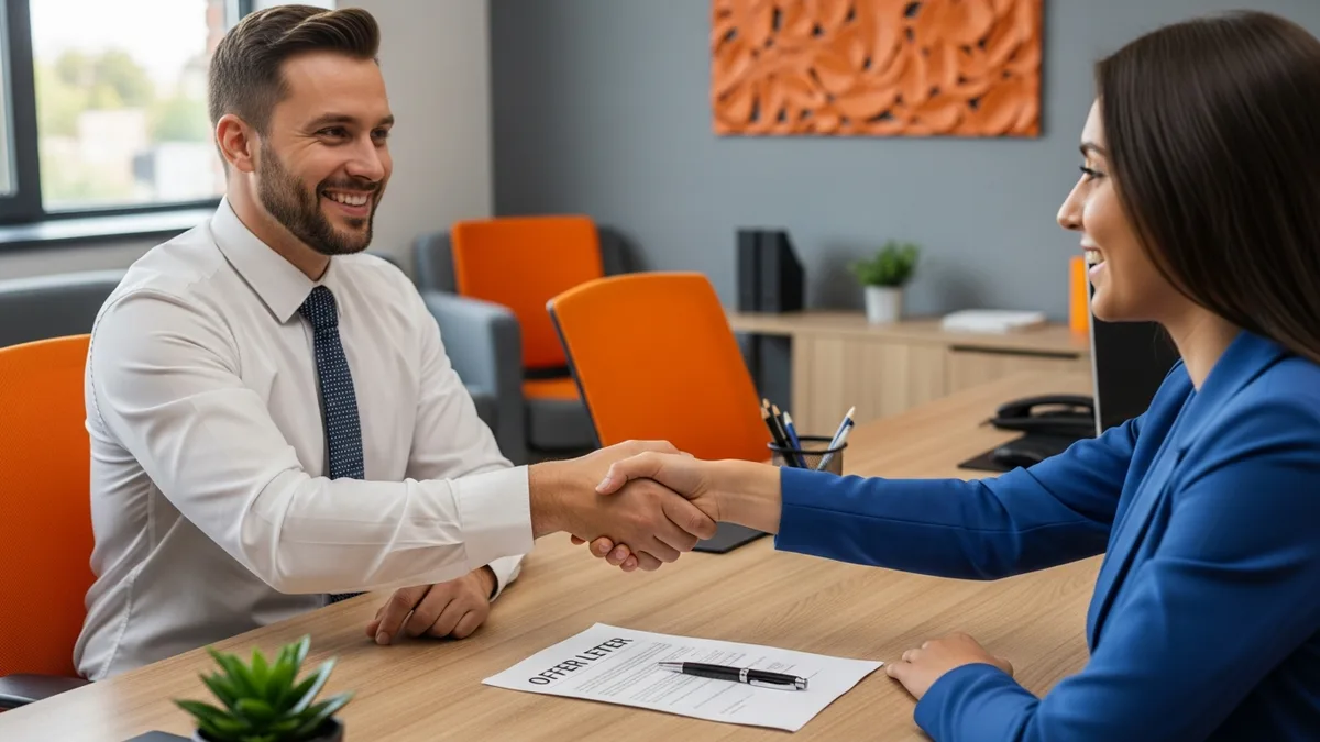 Hiring manager and data engineer candidate shaking hands over a printed offer letter after agreeing on compensation