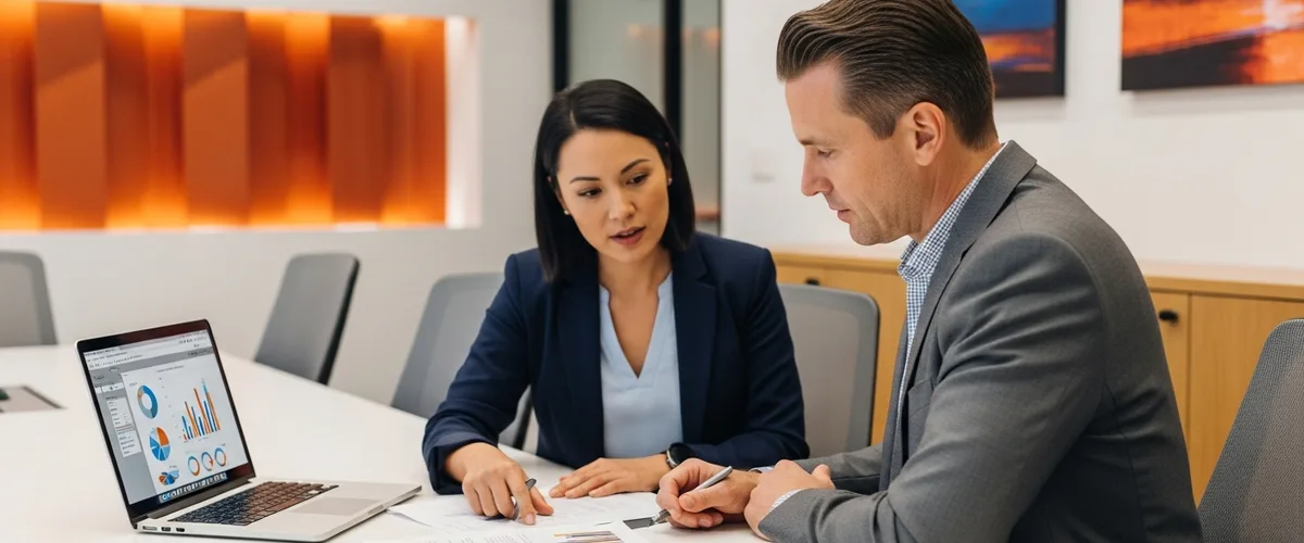 Hiring manager and finance leader reviewing a printed data scientist hiring budget at a conference table
