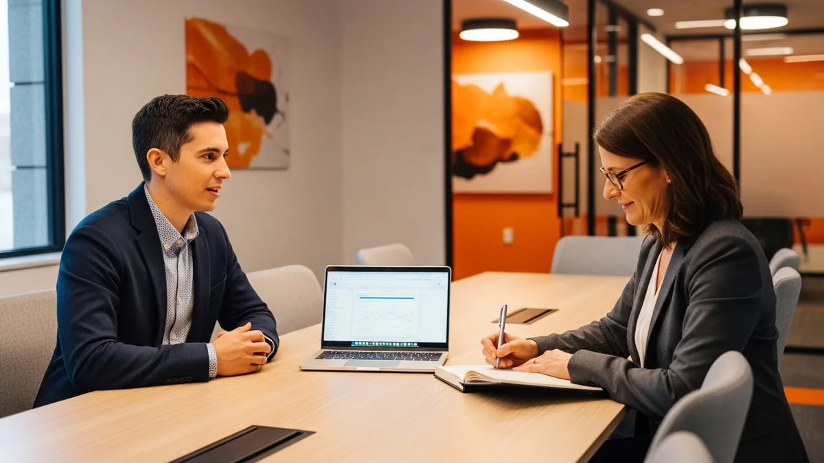 Data scientist candidate interviewing across a conference table from a hiring manager taking notes